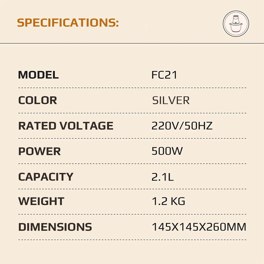 OLIVO FC21 Multifunctional Food Chopper - Capacity 2.1L - Power 500W