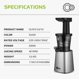 OLIVO SJ210 Slow Juicer - Squeeze Out Up To 98%- Multi-purpose Fruit And Vegetable Juicer