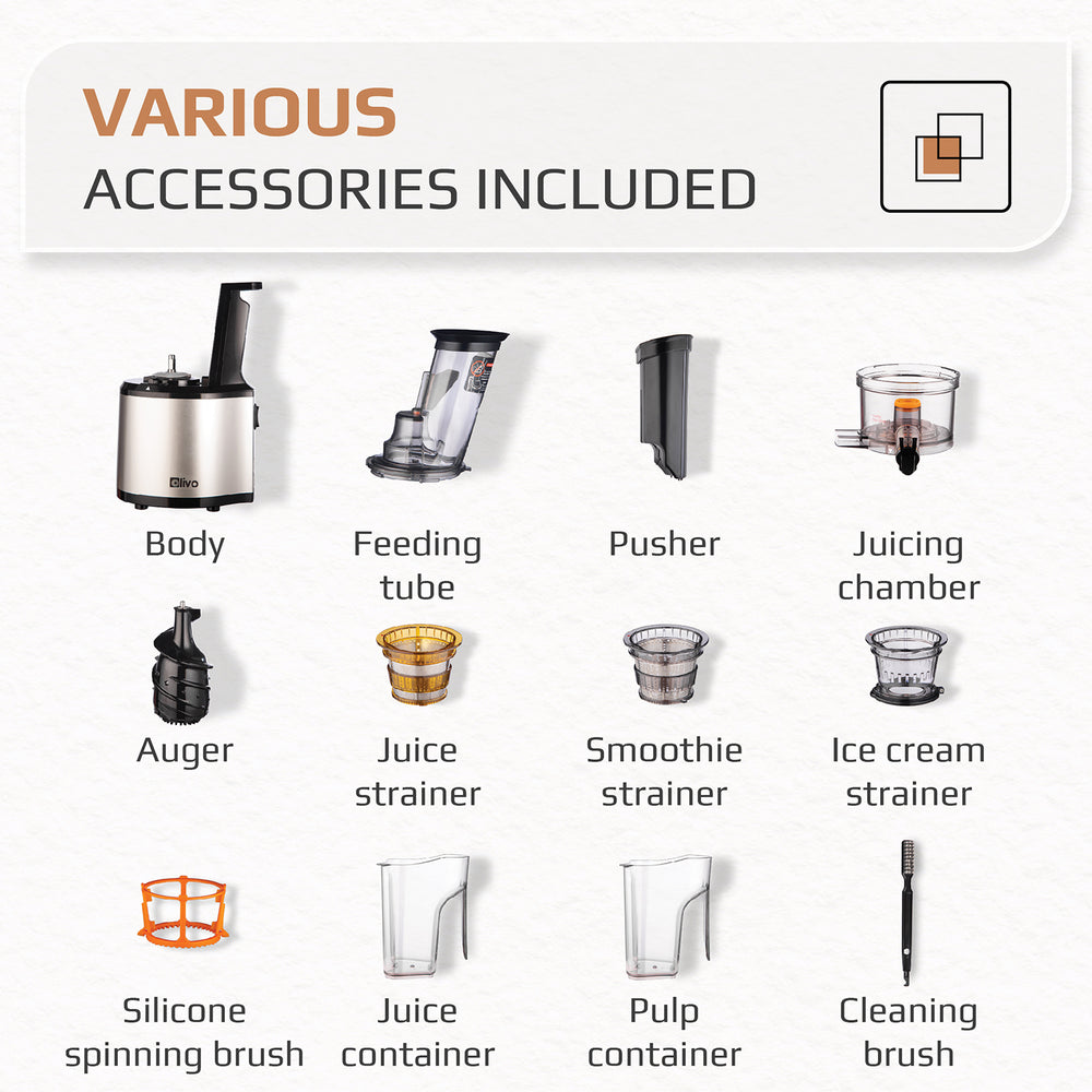 OLIVO SJ200 Multifunction Slow Juicer - Squeeze Out Up To 98% - Slow Speed 39 rpm - Easy to Clean