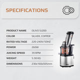 OLIVO SJ200 Multifunction Slow Juicer - Squeeze Out Up To 98% - Slow Speed 39 rpm - Easy to Clean